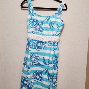 Lilly Pulitzer Aqua & White Floral Stripe Midi Dress Sz 2 VINTAGE